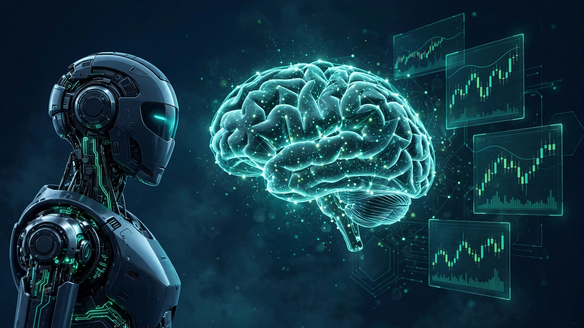 Equity Edge UK AI bot analysing financial charts with holographic neural network